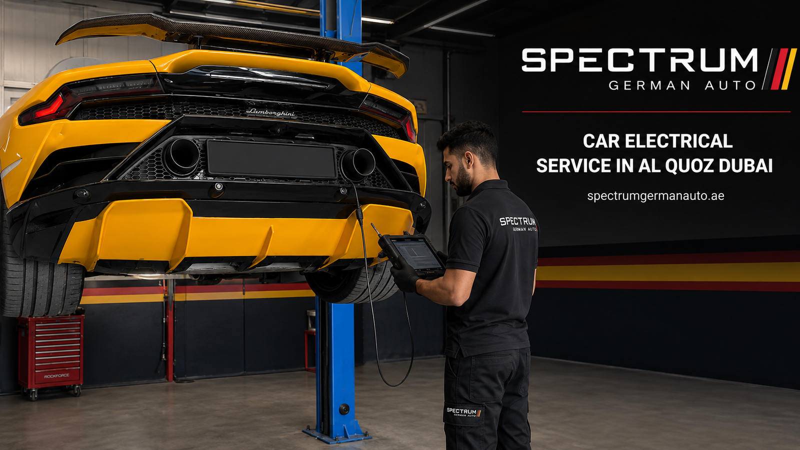 Technician inspecting a Lamborghini during car service in Dubai at Spectrum German Auto