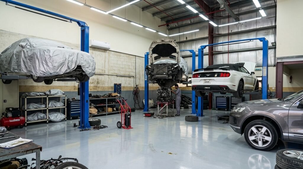 Best garage in Al Quoz Dubai – vehicle service at Spectrum German Auto Wide natural photograph showing workshop bays with different European vehicles being serviced.