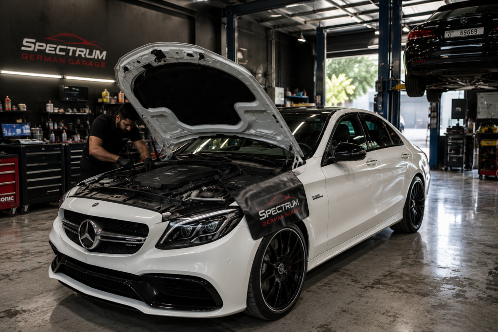 Mercedes engine inspection during Mercedes Service Dubai