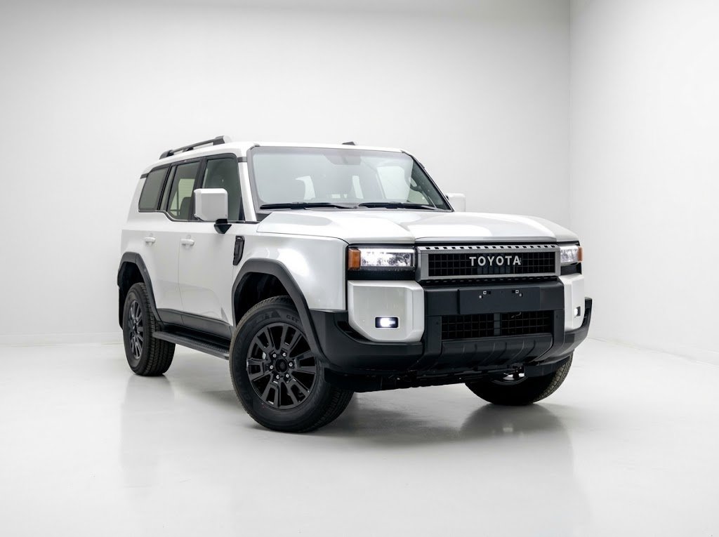 White Toyota Prado SUV viewed from the front and side