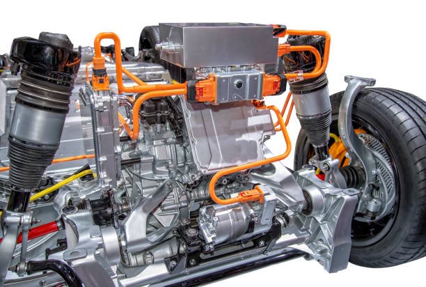 Electric vehicle drivetrain with motor, suspension and orange high-voltage cables