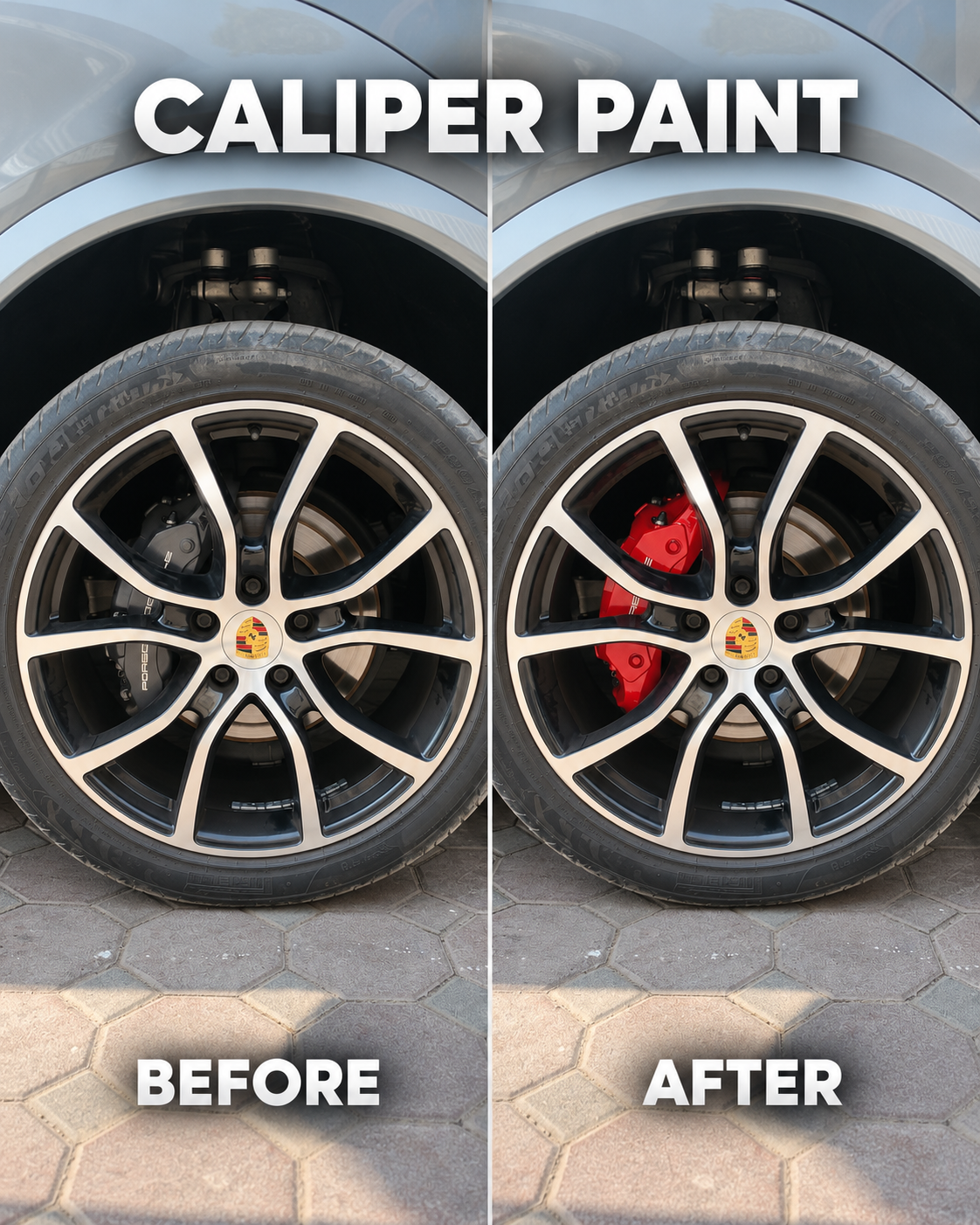 Caliper Painting Dubai before and after: Porsche wheel with black brake caliper transformed to red
