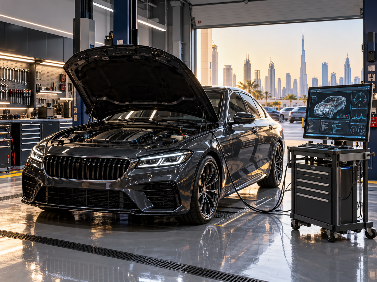 german car diagnostics dubai technician performing computer testing