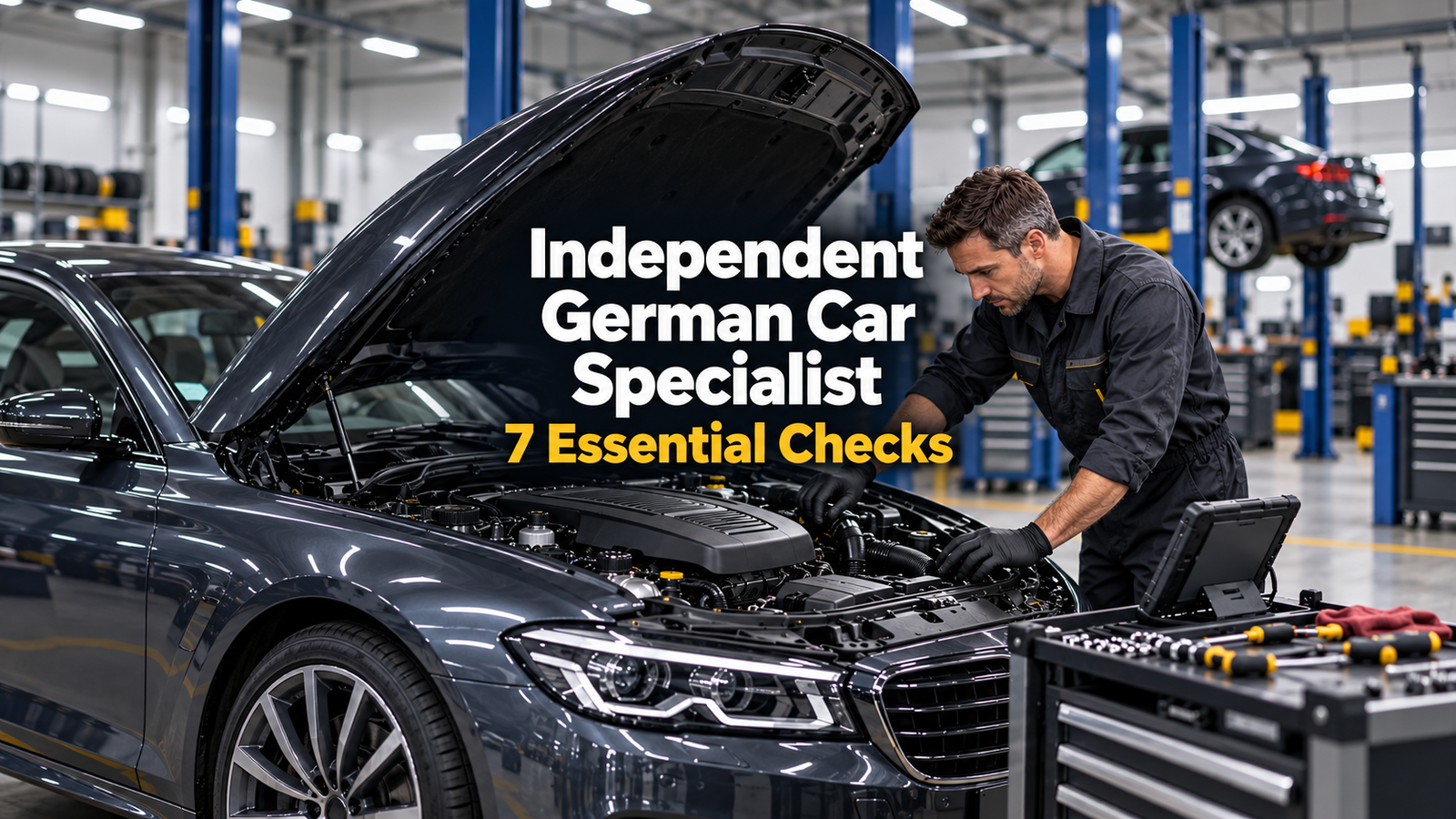 Mechanic inspecting a German car’s engine in an independent specialist workshop.